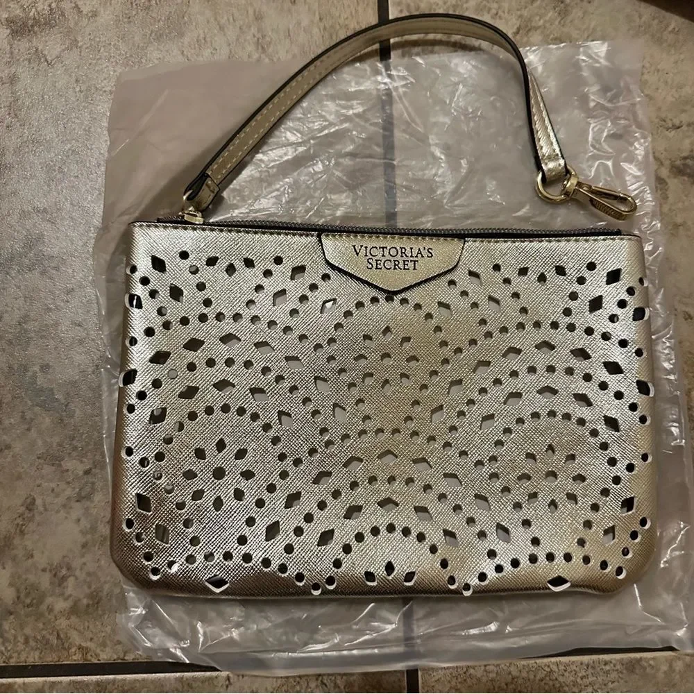 NWT Victorias Secret Gold Metallic Wristlet Cosmetics Bag